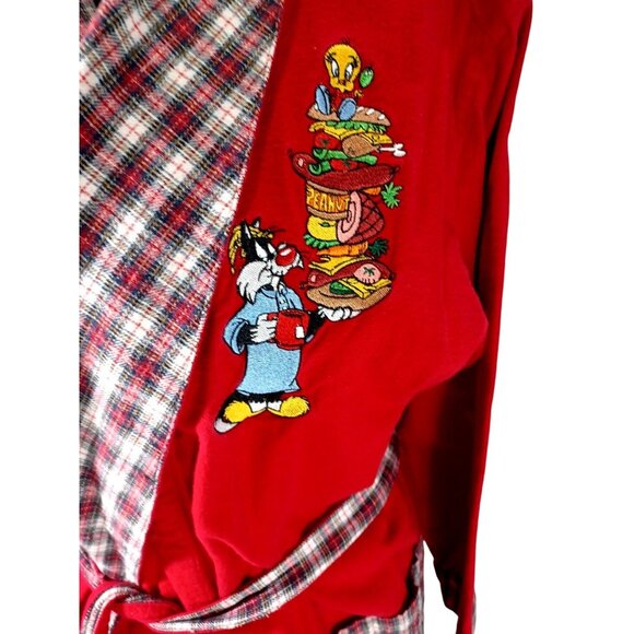 Vintage Warner Bros 1995 Sylvester & Tweety Red Plaid Robe M/L Embroidered Midni - Picture 5 of 9